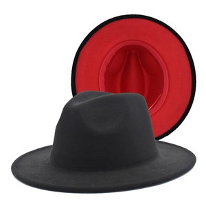 Classic two-tone fedora hat in black felt with a red lining, wide brim jazz style