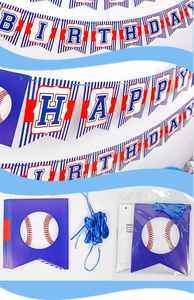 Detail of Happy Birthday baseball banner set with red, white and blue themed party cards
