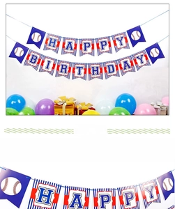 Detail of Happy Birthday baseball banner with red stitching and blue festive lettering