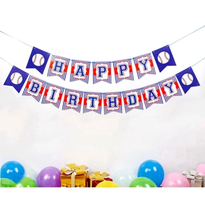 Detailed view of Happy Birthday baseball banner with blue, white, and red flags for parties
