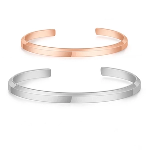 Minimalist C-shaped open bangles in rose gold and silver with mirror finish