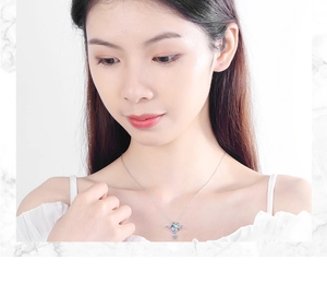 Detail of silver star and moon necklace with light blue planet pendant on model