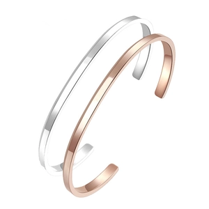 Minimalist C-shaped open cuff bracelets in polished silver and rose gold finishes