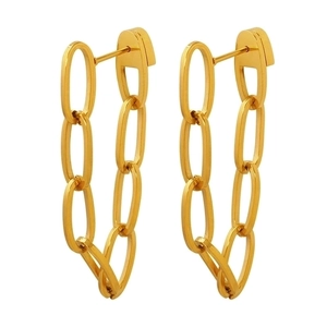 Minimalist double chain fringe earrings in gold with four interlocking oval metal links
