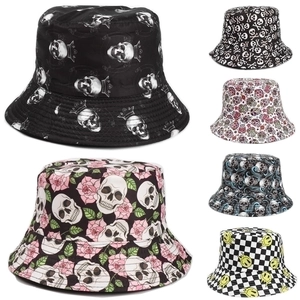 Reversible Bucket Hat Cotton Polyester Skull Rose Print Sun Protection Streetwear Unisex Outdoor Sunshade Flat Top