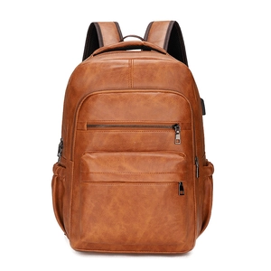 Vintage brown PU leather backpack with USB port and multiple large capacity compartments