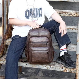Vintage dark brown PU leather backpack with multiple zippers for travel and school