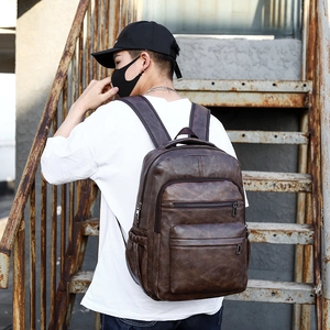 Retro dark brown PU leather backpack for men with large capacity in street style