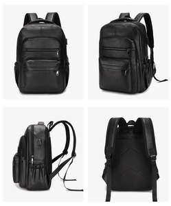 Detailed views of black vintage PU leather backpack with multiple zip compartments and USB port