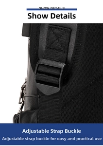 Close-up of adjustable buckle and breathable mesh strap on a vintage black backpack