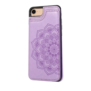 Detail of purple PU leather phone case with embossed mandala pattern and card slots