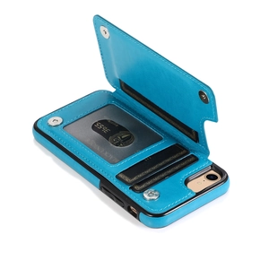 Blue leather wallet case for iPhone with mandala embossing and three internal card slots