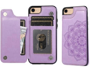 Detailed view of purple leather wallet case for iPhone featuring mandala embossed pattern
