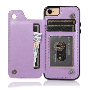 Detail of purple leather wallet case showing card slots and money compartment