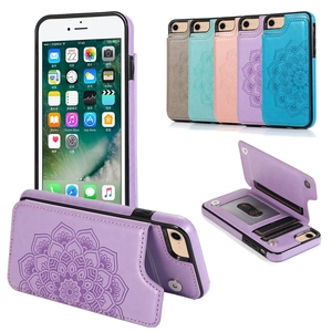 Detail of mandala embossed flip leather wallet case with card slots in multiple colors