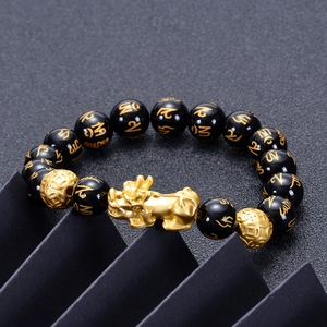 Natural black obsidian bead bracelet with golden Pixiu and Six-Syllable Mantra carvings