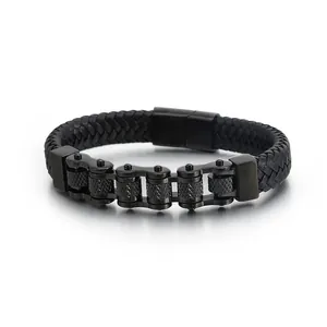 Schwarzes geflochtenes Lederarmband für Herren mit industrieller Metallschließe