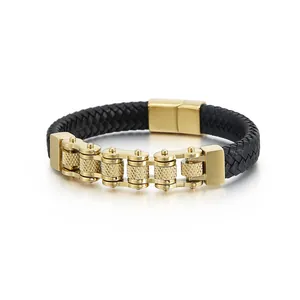 Men's punk leather bracelet with golden bicycle chain links and magnetic clasp
