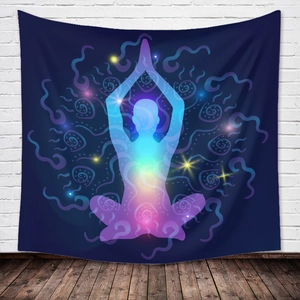 Bohemian yoga meditation tapestry with blue purple silhouette and glowing starry night sky