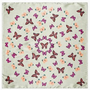 Light green silk-like square scarf featuring a colorful butterfly pattern for women