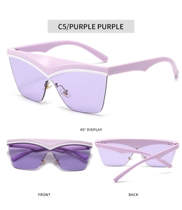 Detailansicht der lila Cat-Eye-Sonnenbrille aus verschiedenen Winkeln mit V-Design-Linie