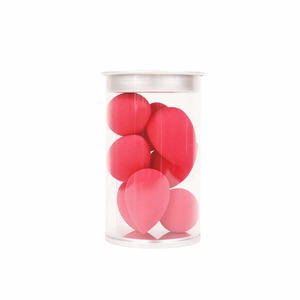 Set of 8 pink teardrop makeup sponges in a transparent cylinder with silver lids