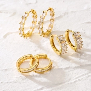 Baguette Cubic Zirconia Hoop Earrings Copper Gold Plated Geometric Fashion Commute Simple Women Elegant Jewelry