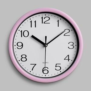 Minimalist 8-inch pink round silent wall clock with white dial and black Arabic numerals