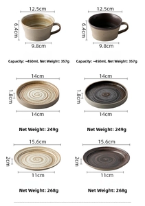 Size chart for handmade stoneware coffee cups and saucers with 450ml capacity specs