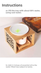 Detail view of wooden aromatherapy oil burner with ceramic dish and candle inside