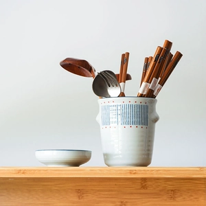 Japanese Style Ceramic Chopsticks Holder Utensil Drainer Hand Painted Underglaze Storage Jar With Base Drainage Holes