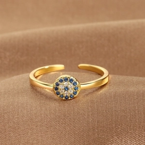 Gold-plated adjustable evil eye ring with sparkling blue and white cubic zirconia