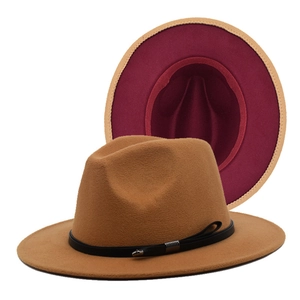 Khaki wool fedora with burgundy lining and black leather band with metallic accents