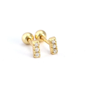Sparkling 925 sterling silver gold bar stud earrings with three zircon stones for women