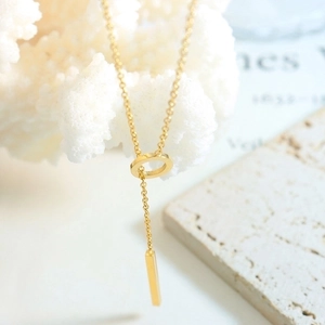 Golden 18k titanium steel Y-necklace with OT toggle clasp and long bar tassel pendant