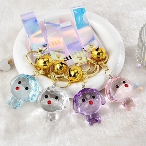 Crystal Transparent Dog Doll Keychain Acrylic Pendant With Gold Bell And Colorful Ribbon For Backpack Women Girls Gift