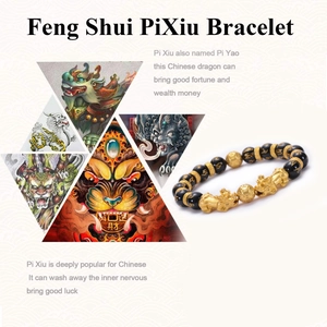 Feng Shui PiXiu black agate bracelet with golden beads and protective mantras