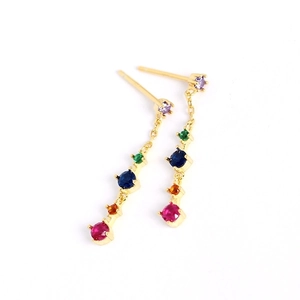 Elegant long S925 silver tassel earrings with colorful gradient zircon stones on white backdrop