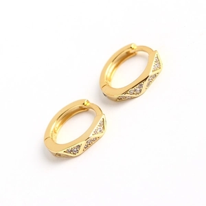 Elegant gold-plated geometric hoop earrings with triangular crystal inlay set on white background