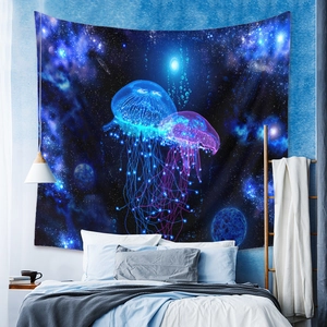 Detailed texture of bohemian tapestry featuring bioluminescent jellyfish in a starry galaxy