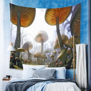 Detail of bohemian mushroom forest tapestry hanging on a textured blue bedroom wall