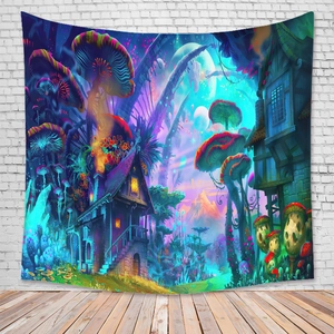 Detail of vibrant psychedelic mushroom tapestry hanging on white brick wall background