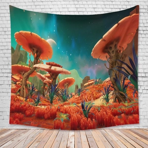 Detail of bohemian fantasy mushroom tapestry with vivid orange fungi on a white brick wall