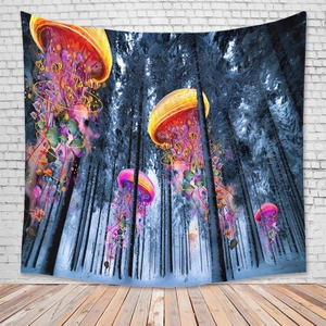 Detailed surrealist tapestry with jellyfish and tropical fish in a snowy forest scene