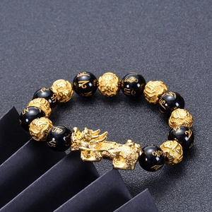 Natural black agate bracelet with gold Pixiu and engraved mantra beads for good luck