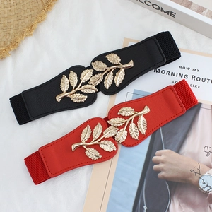 Women Elastic Waist Belt Vintage Golden Leaf Interlocking Buckle Stretch PU Leather Wide Corset Cinch For Dresses