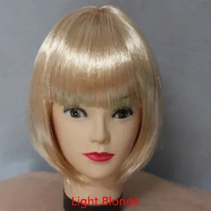 Light blonde bob wig with flat bangs for kids, smooth short hair style on display