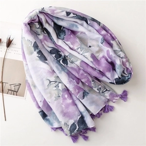 Bohemian watercolor floral scarf in purple and grey with delicate fringe tassels