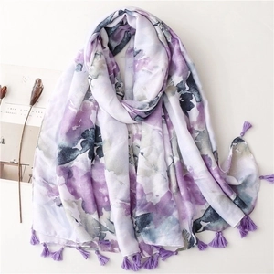Women Retro Bohemian Ink Floral Print Large Shawl Polyester Scarf With Tassel Fringe For Beach Travel Fashion Wrap
