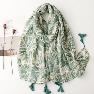 Women Summer Scarf Shawl Tropical Green Leaf Print Tassels Lightweight Sunscreen Beach Travel Wrap Polyester Voile
